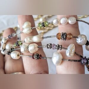 Vtg Freshwater pearl semi precious stone beaded oxidized silver long necklace